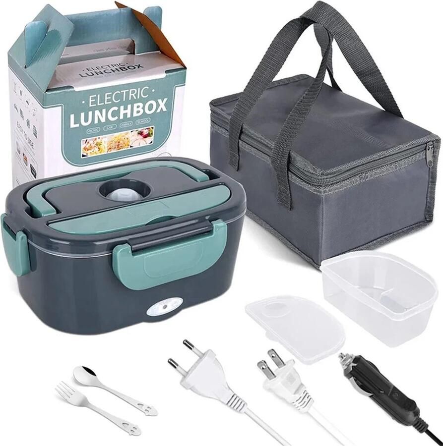 Lunchbox Verwarmd Elektrisch 1 5L Opwarming in 30 min Groen Donkergrijs RVS en Kunststof