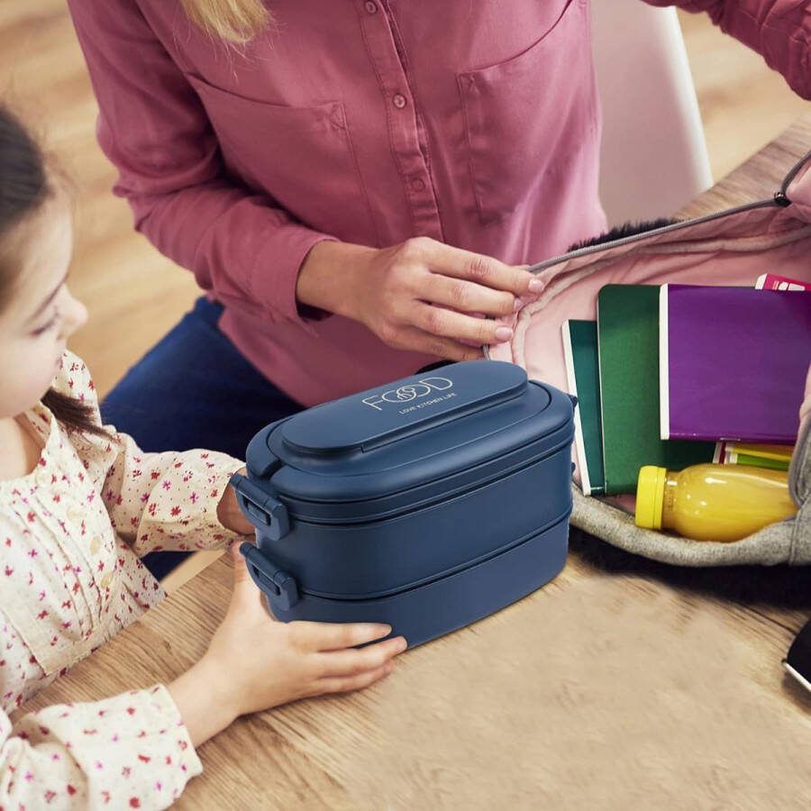 Lunchbox Volwassenen: 2-laags Bento Box 1550 ml voor mannen vrouw 3-vaks lunchbox met bestek BPA-vrije plastic lunchbox geschikt voor kantoorschool (blauw)
