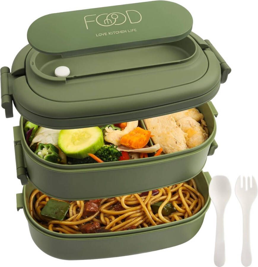 Lunchbox Volwassenen: 2-laags Bento Box 1550 ml voor mannen vrouw 3-vaks lunchbox met bestek BPA-vrije plastic lunchbox geschikt voor kantoorschool magnetronbestendig vaatwasser (groen)