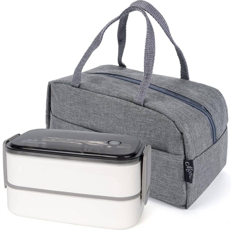 Lunchbox volwassenen en kinderen incl. draagtas en bestek Bento Box roestvrij staal met vakken broodtrommel kleuterschool lunch snackbox broodtrommels bananenbox (wit)