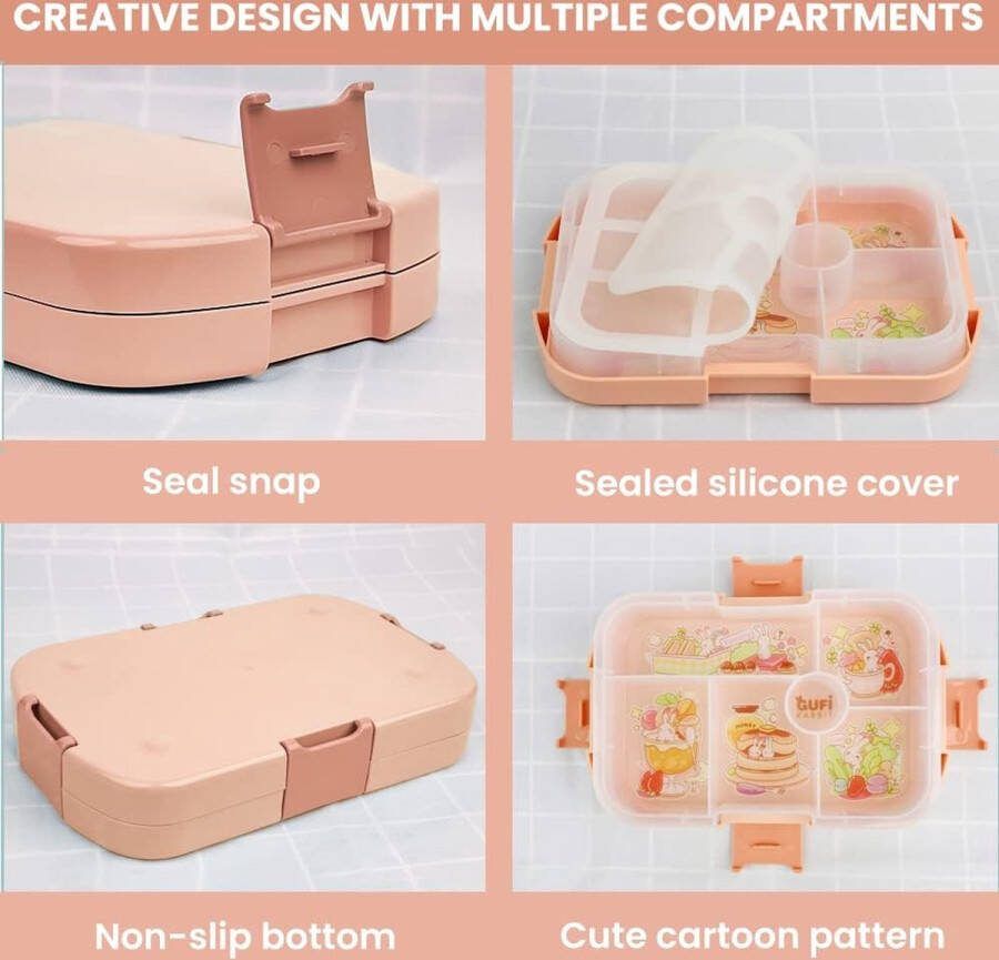 Lunchbox voor kinderen 1000 ml 23 stuks bentobox met 6 compartimenten lunchbox robuust en lekvrij luchtdicht ontbijtdoos geschikt voor magnetrons en vaatwassers roze