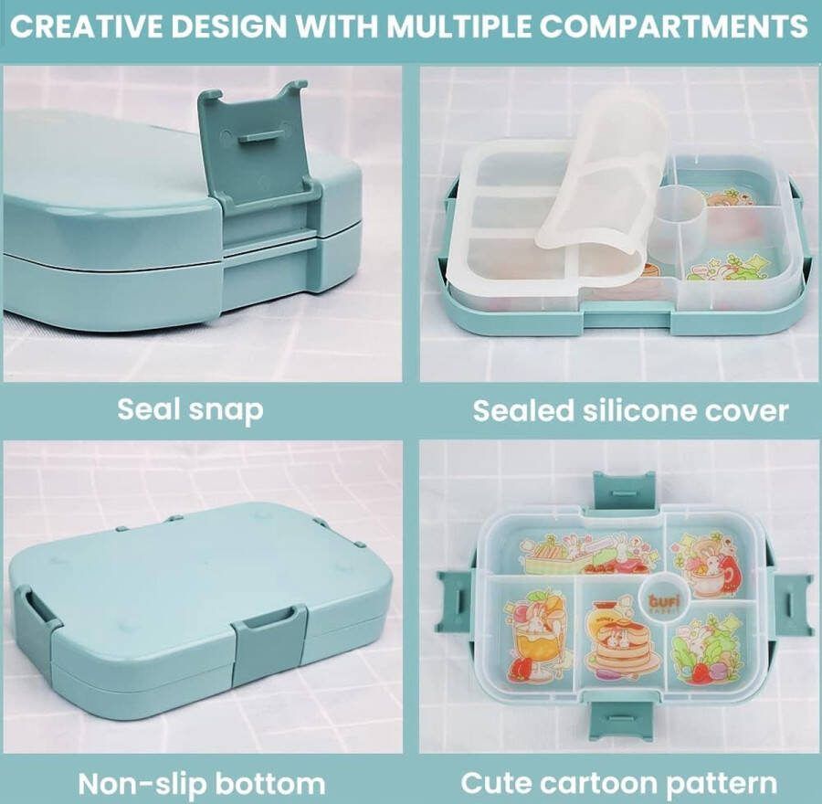 Lunchbox voor kinderen 1000 ml 23 stuks bentobox met 6 compartimenten lunchbox robuust en lekvrij luchtdicht ontbijtdoos geschikt voor magnetrons en vaatwassers blauw