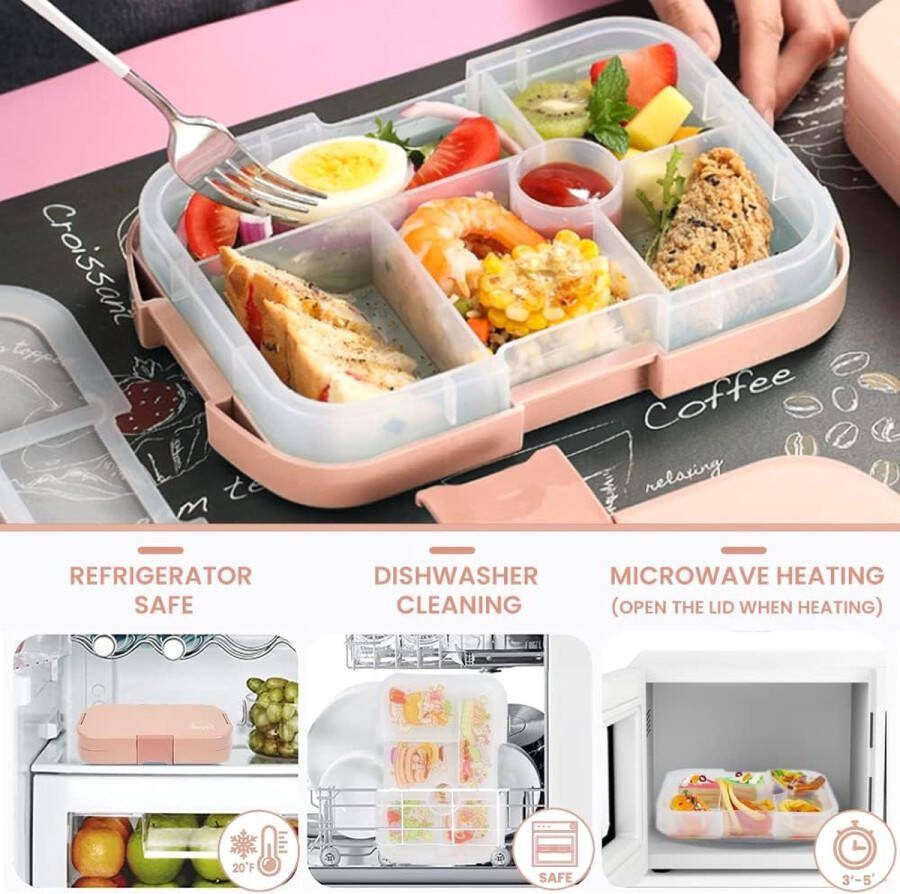 Lunchbox voor kinderen 1000 ml 23 stuks bentobox met 6 compartimenten lunchbox robuust en lekvrij luchtdicht ontbijtdoos geschikt voor magnetrons en vaatwassers roze