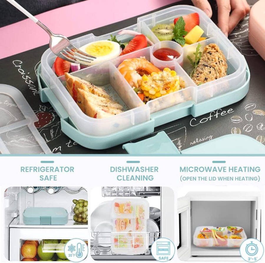 Lunchbox voor kinderen 1000 ml 23 stuks bentobox met 6 compartimenten lunchbox robuust en lekvrij luchtdicht ontbijtdoos geschikt voor magnetrons en vaatwassers blauw