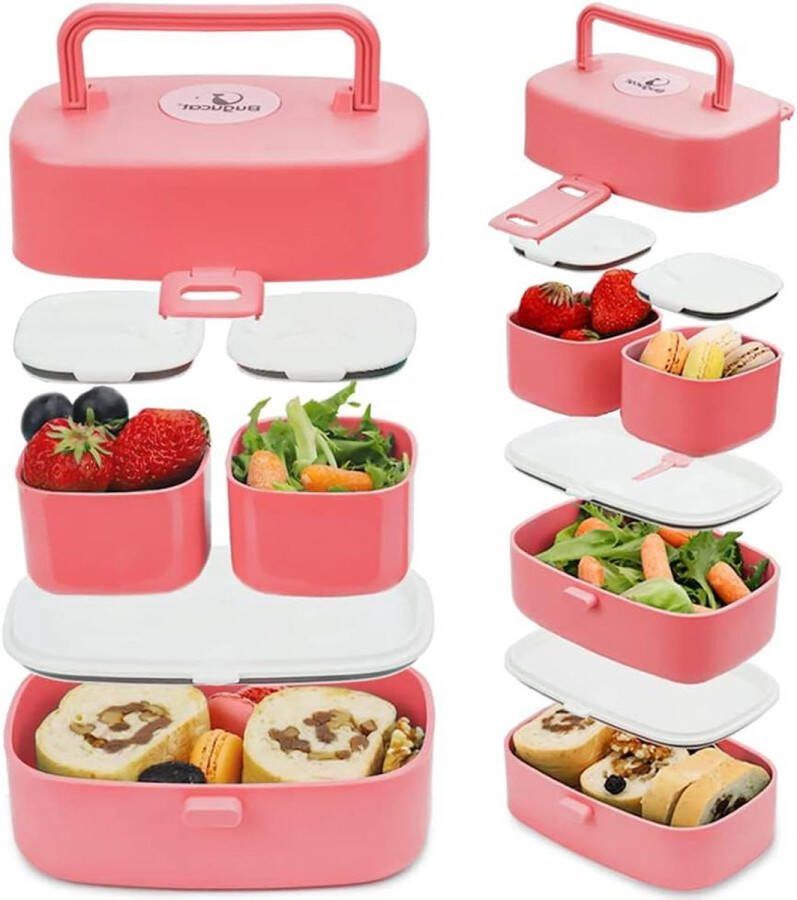 Lunchbox voor kinderen 2-in-1 lekvrije Bento Box 1260 ml met bestek en 4 vakken roze voor school en reizen
