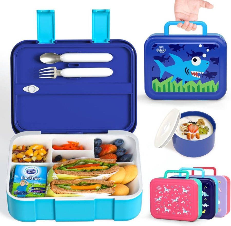 Lunchbox voor kinderen jongens lunchbox voor kinderen 1250 ml Bento Box voor kinderen met vork en lepel lunchbox voor kinderen met vakken 5 vakken en sausbox lekvrij BPA-vrij (haai)
