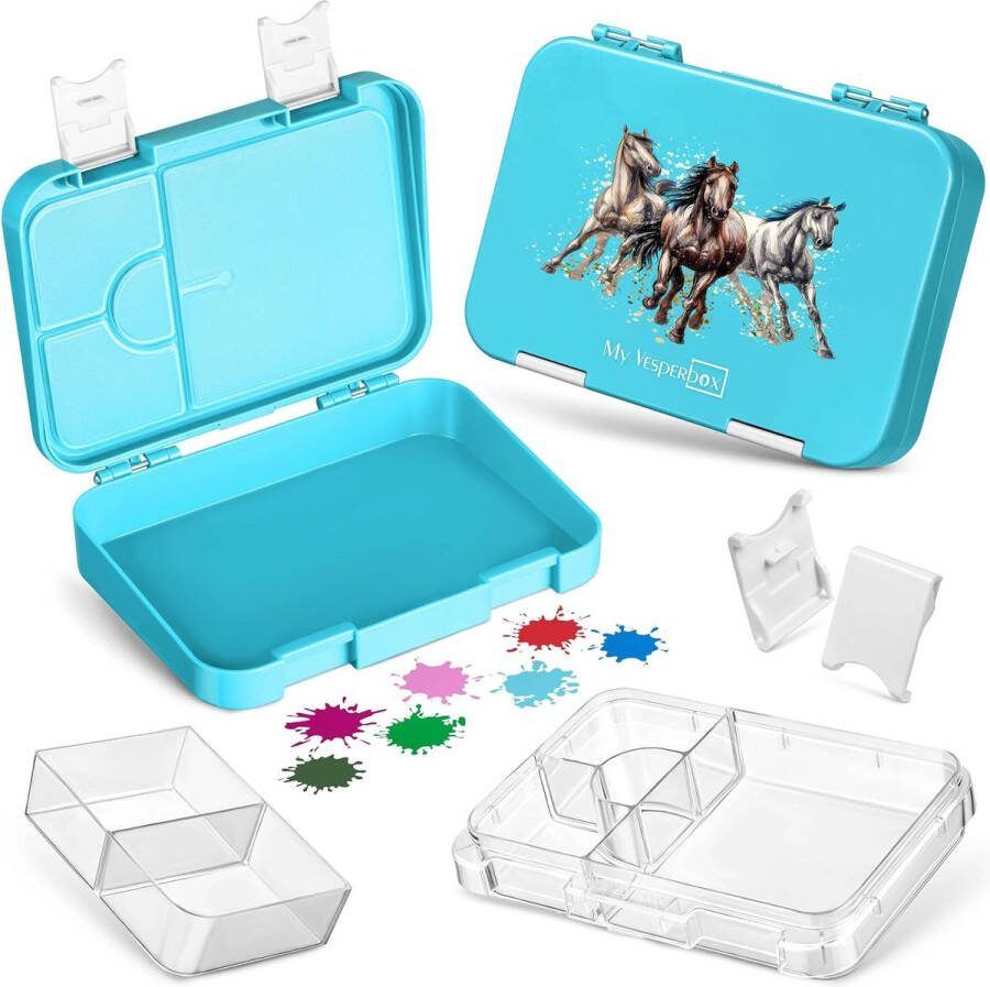 Lunchbox voor kinderen; met 4 + 2 compartimenten; extreem sterke broodtrommel; ideaal voor de kinderopvang en op school (lichtblauw paarden)