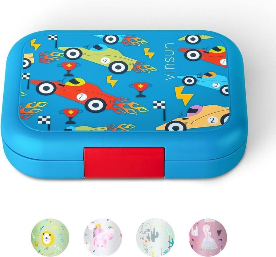 Lunchbox voor kinderen met 4 vakken lekvrij BPA-vrij vaatwasmachinebestendig blauwe bento box met automotief voor kleuterschool basisschool uitstapjes