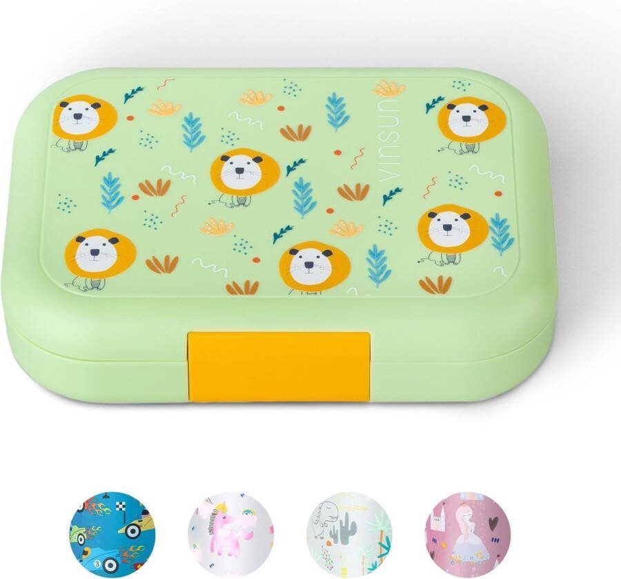 Lunchbox voor kinderen met 4 vakken lekvrij BPA-vrij vaatwasmachinebestendig groene Bento Box met leeuwenmotief voor kleuterschool basisschool uitstapjes