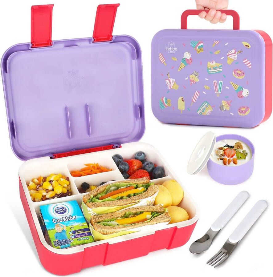 Lunchbox voor Kinderen met 5 Vakken 1.25L Broodtrommel voor Kinderen Bento Box voor Meisjes met Sauspot & Lepel & Vork Lunchbox voor School en Picknick(Ijsje)