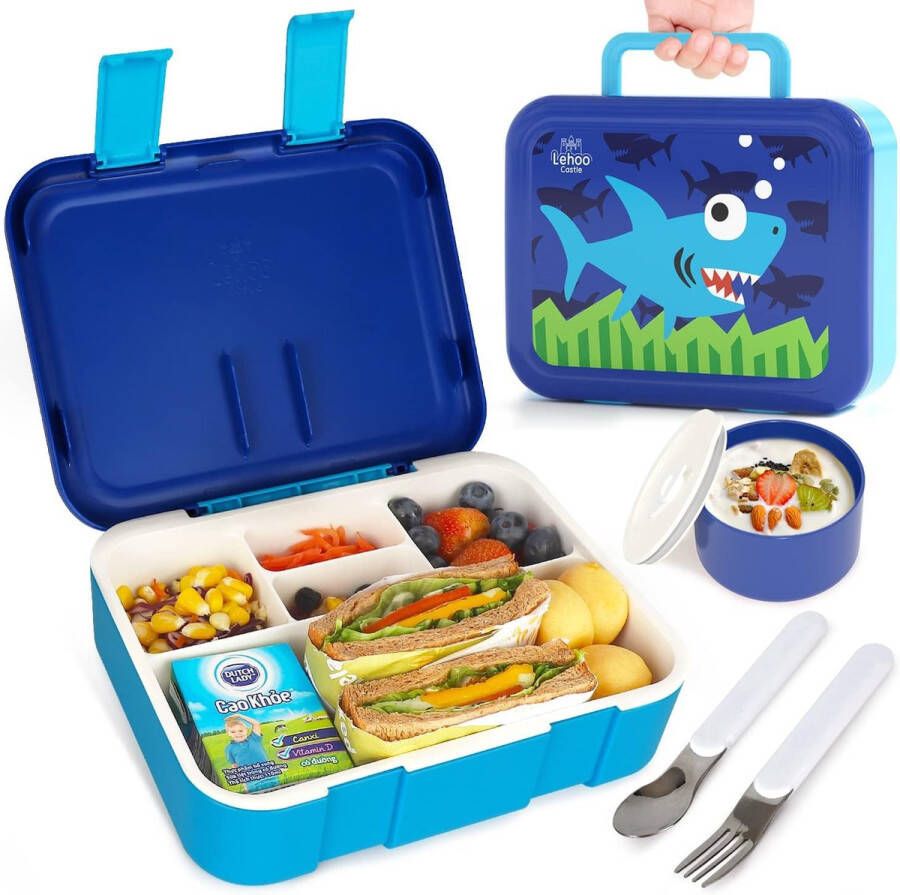 Lunchbox voor Kinderen met 5 Vakken 1.25L Broodtrommel voor Kinderen Bento Box voor Meisjes met Sauspot & Lepel & Vork Lunchbox voor School en Picknick Blauw