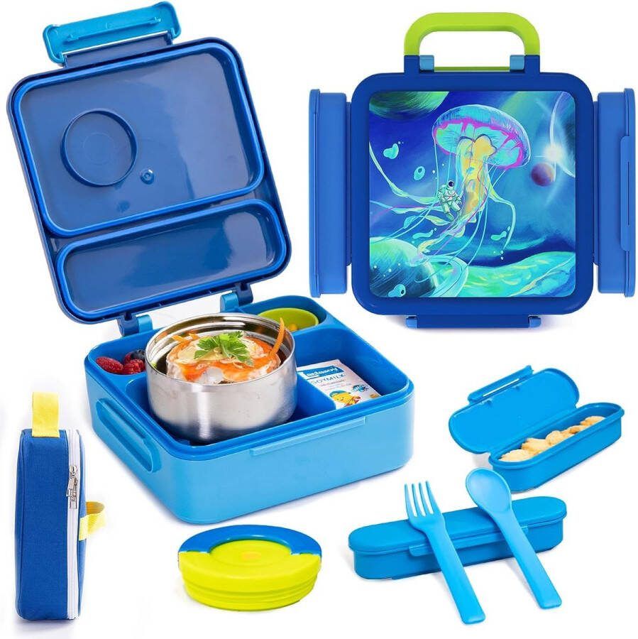 Lunchbox voor kinderen met compartimenten thermische container voor voedsel BPA-vrije lunchbox lekvrij lunchbox voor de kleuterschool bentobox voor kinderen lunchbox voor school met bestek & snackbox & tas (blauw)