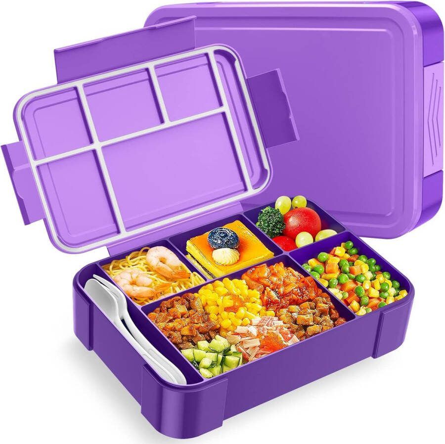 Lunchbox voor kinderen met vakken 1330 ml lekvrij broodtrommel voor kinderen voor kleuterschool en school (paars)