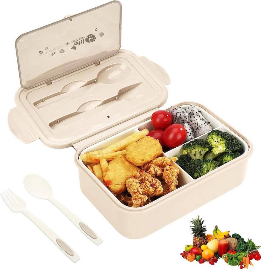 Lunchbox voor kinderen met vakken 1400 ml broodtrommel voor volwassenen lekvrij bentobox met vork en lepel broodtrommel voor magnetron en vaatwasser school picknick reizen (kaki)