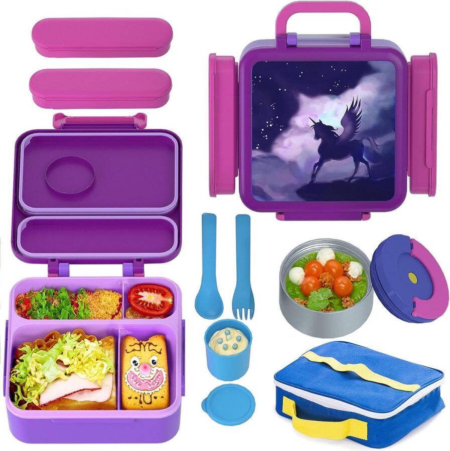 Lunchbox voor kinderen met vakken thermische container voor voedsel BPA-vrije lunchbox lekvrij lunchbox voor de kleuterschool bentobox voor kinderen lunchbox voor school met bestek & snackbox & tas (paars)