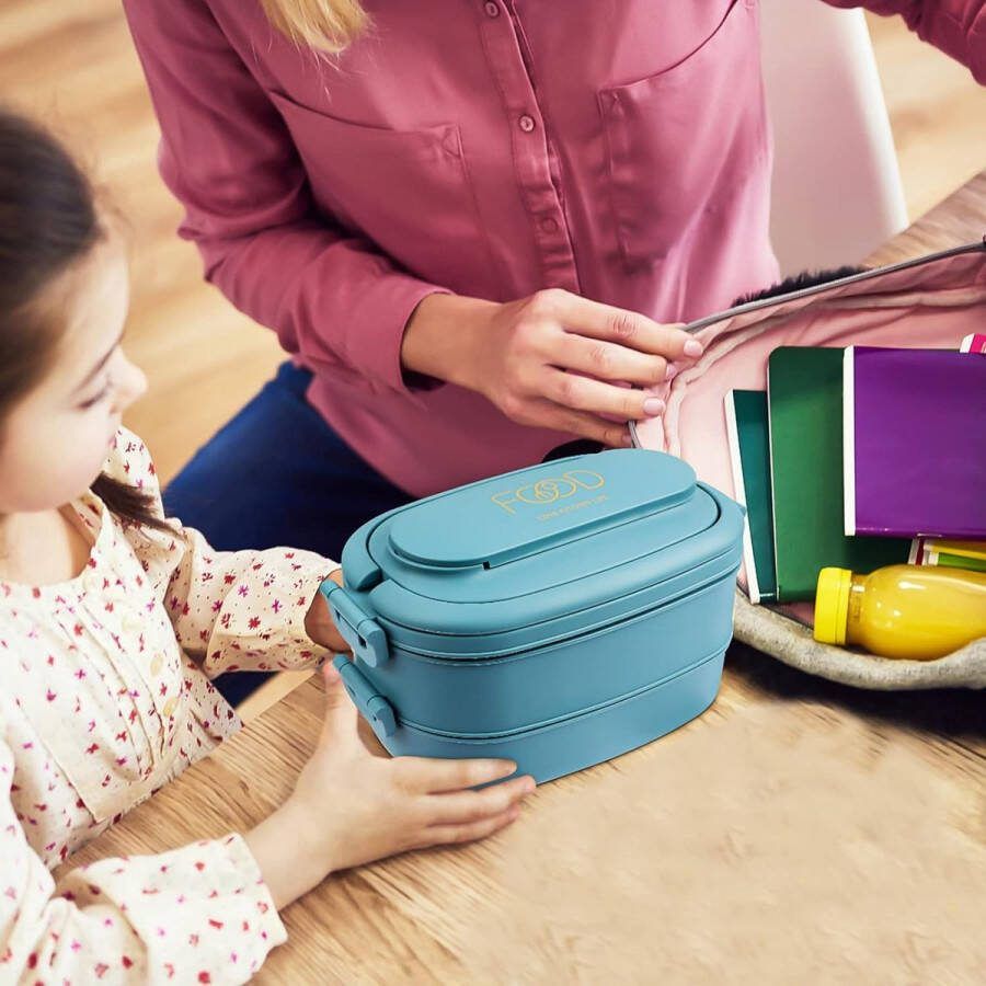 Lunchbox voor volwassenen: 2-laags bento box 1550 ml voor mannen vrouwen 3-vakken lunchbox met bestek lekvrij BPA-vrij kunststof lunchbox geschikt voor kantoor magnetronbestendig (Lichtblauw)