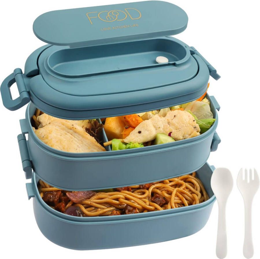 Lunchbox voor volwassenen: 2-laags bento box 1550 ml voor mannen vrouwen 3-vakken lunchbox met bestek lekvrij BPA-vrij kunststof lunchbox geschikt voor kantoor magnetronbestendig (Lichtblauw)