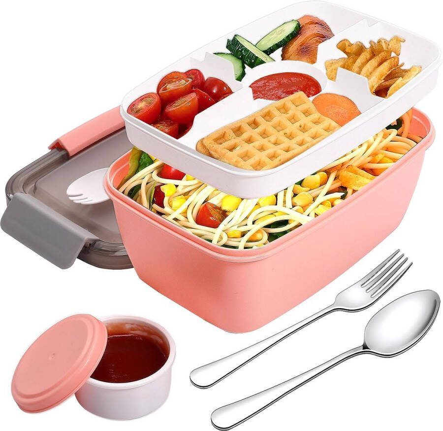 Lunchbox voor volwassenen 2000 ml bento box groot met vakken lekvrij slabakje BPA-vrij slakom met lepelvork vaatwasserbestendig broodtrommel voor werk picknick reizen