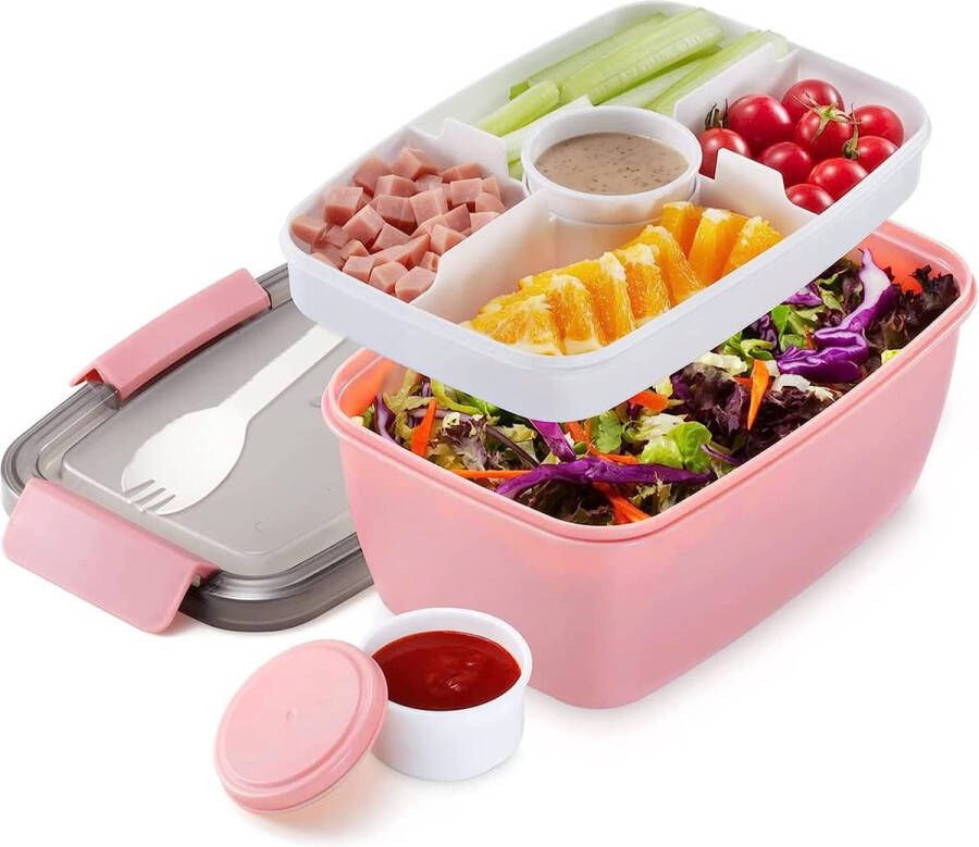 Lunchbox voor volwassenen 2000 ml grote broodtrommel met vakken voor volwassenen saladebox met 2 lagen om mee te nemen duurzaam lekvrij BPA-vrij broodtrommel voor werk picknick (roze)