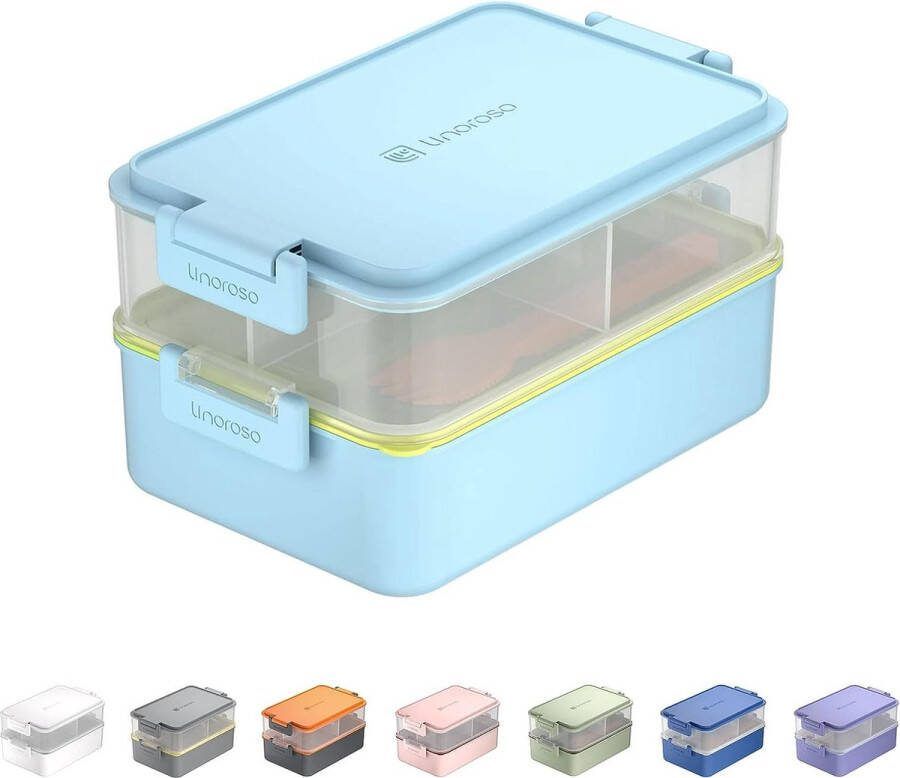 Lunchbox voor Volwassenen Broodtrommel met 3 Vakken Bento Box met Saushouder en Servies Geschikt voor Magnetron en Vaatwasser Ontbijtdoos Saladebox Kunststof BPA-Vrij Lichtblauw