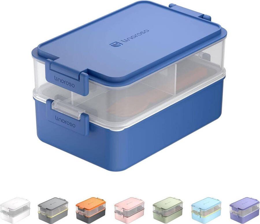 Lunchbox voor volwassenen broodtrommel met 3 vakken bento box met saushouder en servies lunchbox voor magnetron en vaatwasser kunststof BPA-vrij klassiek blauw