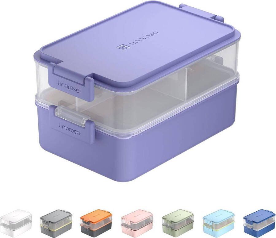 Lunchbox voor volwassenen broodtrommel met 3 vakken bento box met saushouder en servies lunchbox voor magnetron en vaatwasser kunststof BPA-vrij als ontbijtbox snackbox paars