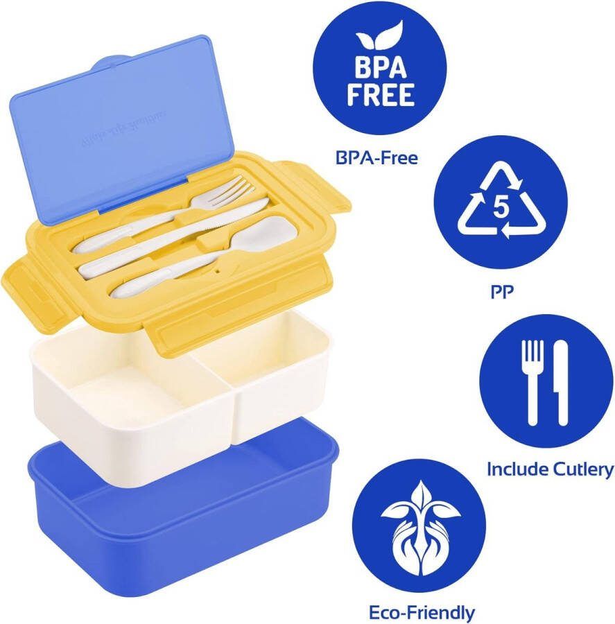 Lunchbox voor volwassenen en kinderen 1400 ml met 3 vakken incl. bestek de snackbox is geschikt voor magnetrons en vaatwassers voor school werk picknick en op reis (blauw)
