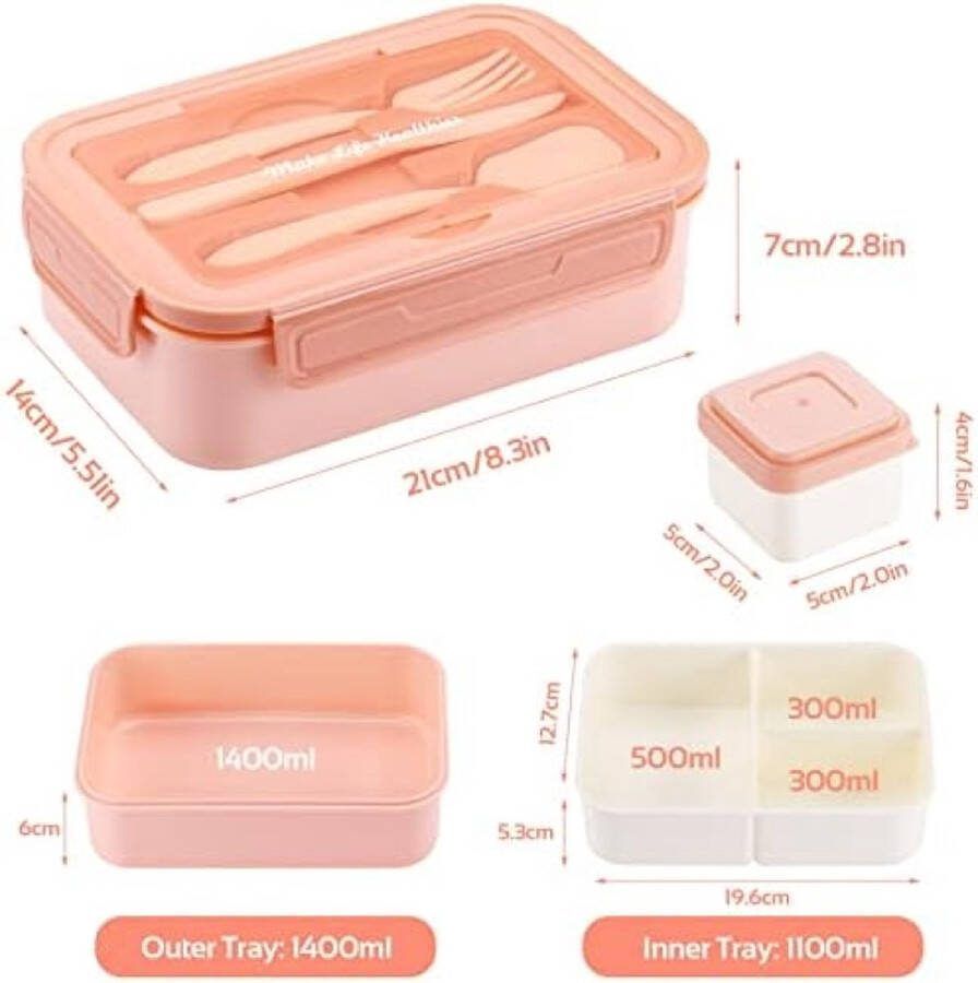Lunchbox voor volwassenen en kinderen 1400 ml met 3 vakken incl. bestek de snackbox is geschikt voor magnetrons en vaatwassers (Pink)