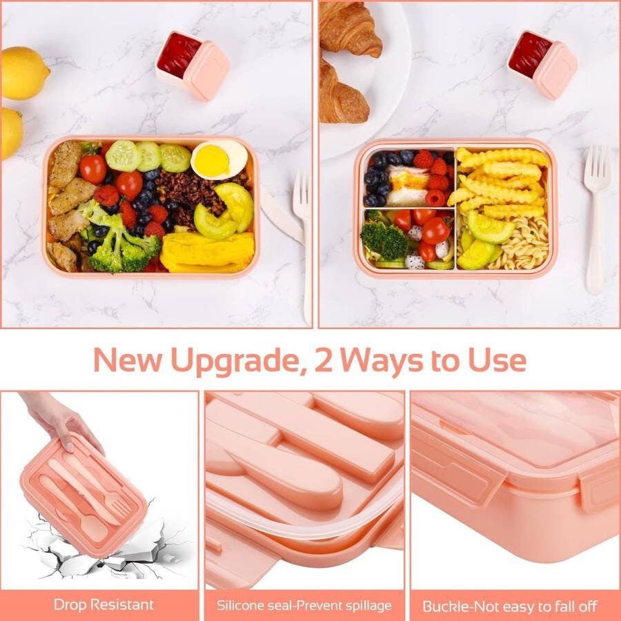 Lunchbox voor volwassenen en kinderen 1400 ml met 3 vakken incl. bestek de snackbox is geschikt voor magnetrons en vaatwassers voor school werk picknick en op reis (Pink)