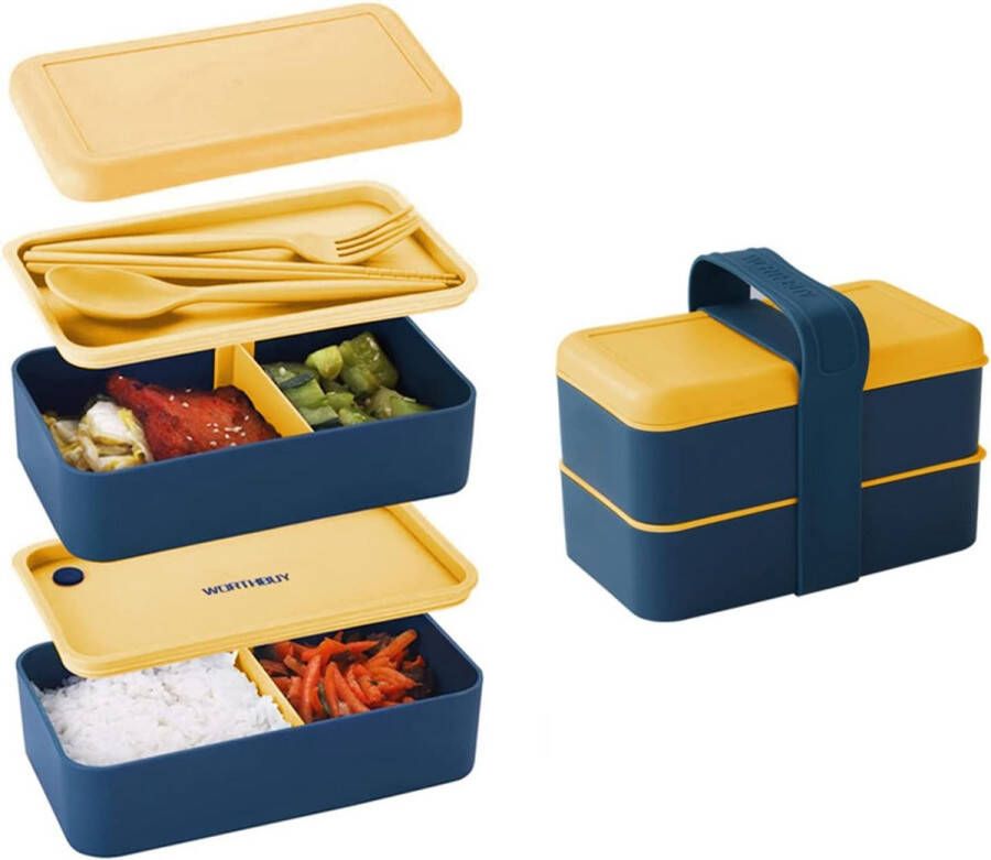 Lunchbox voor volwassenen en kinderen 1440 ml broodtrommel met vakken en bestek lekvrij bento box magnetron voor picknick school kantoor BPA-vrij (geel)