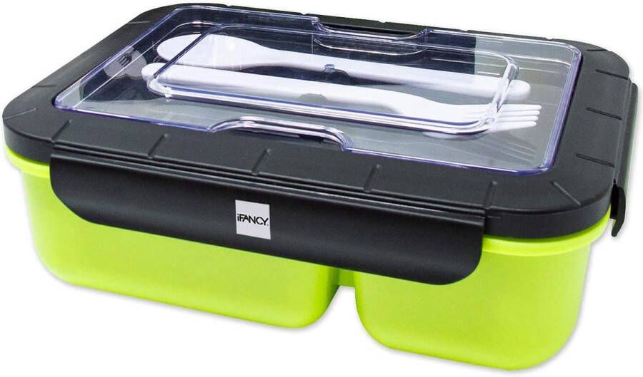 LUNCHBOX YUMMY Bento Box 1500ml + bestek 3 compartimenten BPA-Free & Lekvrij Vaatwasser Magnetron & Diepvries Geschikt Lunch Box voor Kinderen & Volwassenen Groen