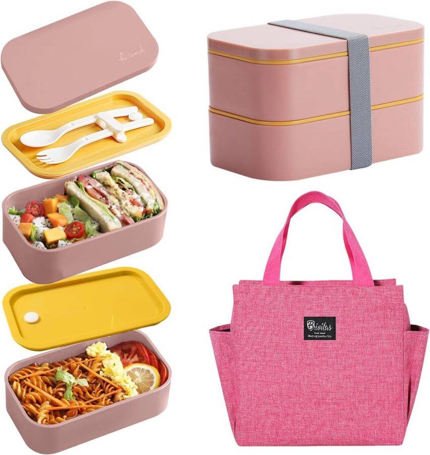 Lunchboxset 2 niveaus 1600 ml lunchbox met koeltas lekvrije lunchbox met vakken bentobox lunchbox met bestek voor picknick school werk reizen (roze)