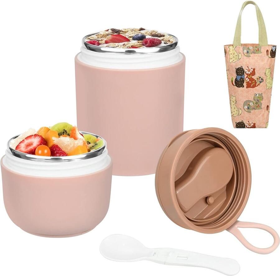 Lunchpot mueslibeker to go 730 ml roestvrij staal praktische mueslibeker en houder mueslibeker met bekerzak en lepel dubbellaags lekvrije yoghurtbeker voor werk school picknick reizen
