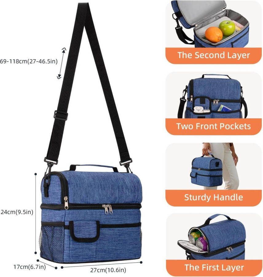 Lunchtas 10L Thermische Tas met Dubbele compartimenten en Roestvrijstalen Bestekset voor Picknick en Werk Blauw 2 Lunchboxen
