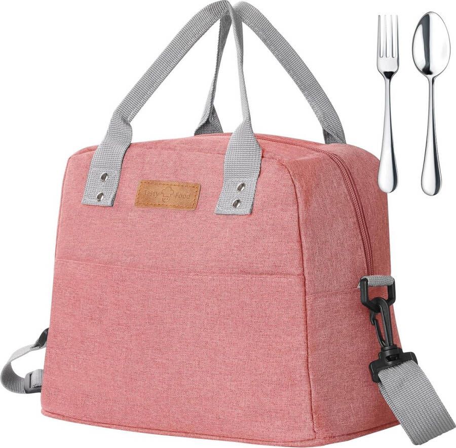 Lunchtas+vork+lepel met verstelbare riem brede open koeltas waterdichte lekvrije herbruikbare geïsoleerde lunchtas voedselorganizer voor buiten picknick school werk volwassen kinderen roze