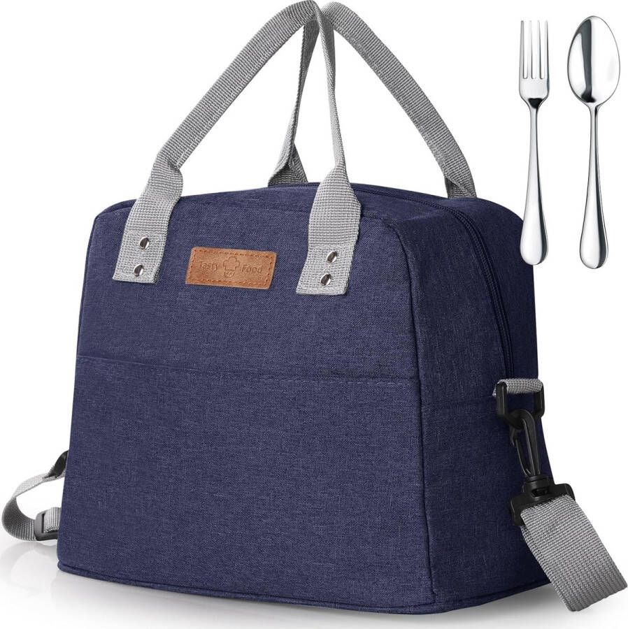 Lunchtas+Vork+Lepel met Verstelbare Riem Brede Open Koeltas Waterdichte Lekvrije Herbruikbare Geïsoleerde Lunch Tas Voedsel Organizer voor Outdoor Picknick School Werk Volwassen Kinderen Blauw