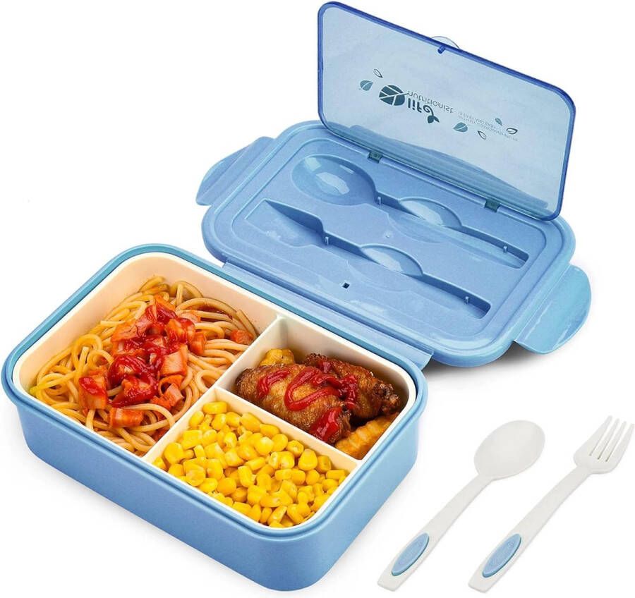 Lunchtrommel bento box broodtrommel met 3 vakken en bestek lekvrij broodtrommel koelkast vaatwasmachinebestendig magnetronbestendig broodtrommels voor school werk picknick reizen (blauw)