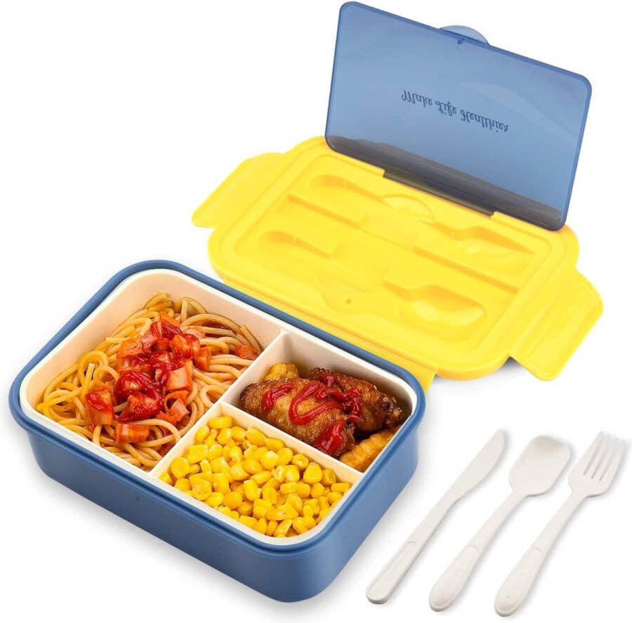 Lunchtrommel bentobox broodtrommel met 3 vakken en bestek lekvrij vaatwasmachinebestendig magnetronbestendig broodtrommel voor school werk picknick reizen (blauw)