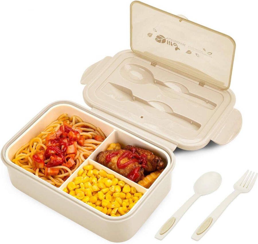 Lunchtrommel bentobox broodtrommel met 3 vakken en bestek lekvrij vaatwasmachinebestendig magnetronbestendig broodtrommel voor school werk picknick reizen (bruin)