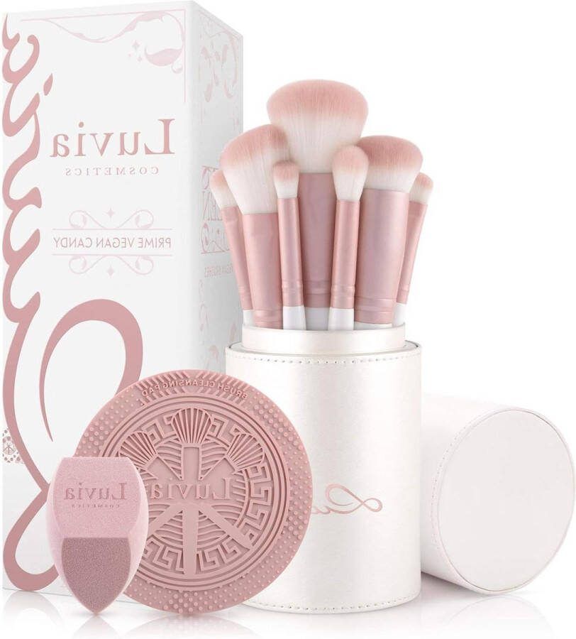 Luvia Prime Vegan Pro Make-up kwastenset Candy 7 incl. kwastenetui sponsje reinigingsmatje parelmoer roze cosmetische kwasten