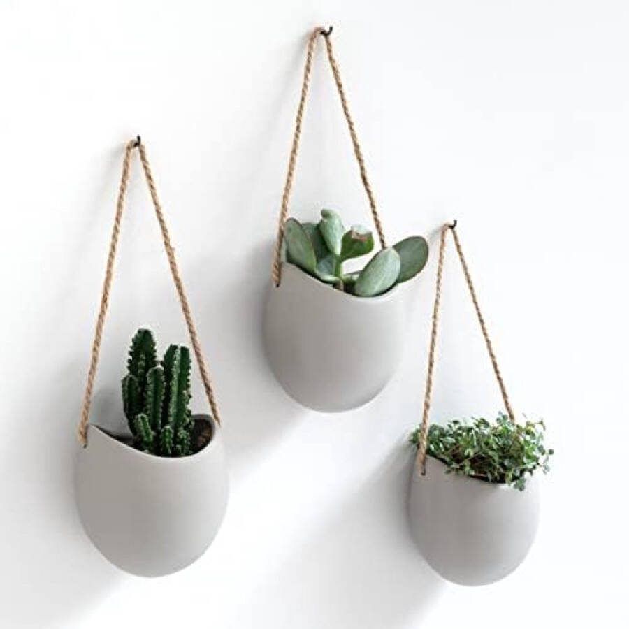 Lux Wandplantenbakken 3 stuks Hangende Keramische Plantenpotten 3 stuks Wanddecoratie voor Binnen Balkon en Tuin Lichtgrijs (mat)