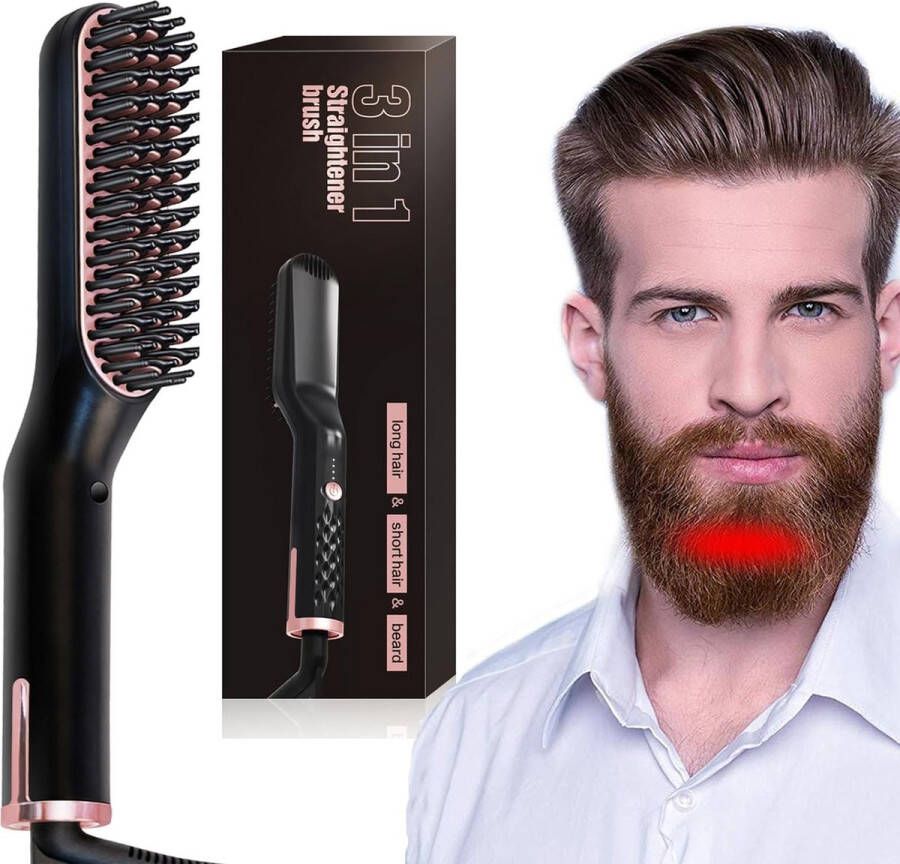 Luxe Baardstijltang voor mannen elektrische stijltang baardborstel met 3 temperatuurinstellingen en bescherming tegen verbranding 2-in-1 lonische stijltang 30 seconden opgewarmd
