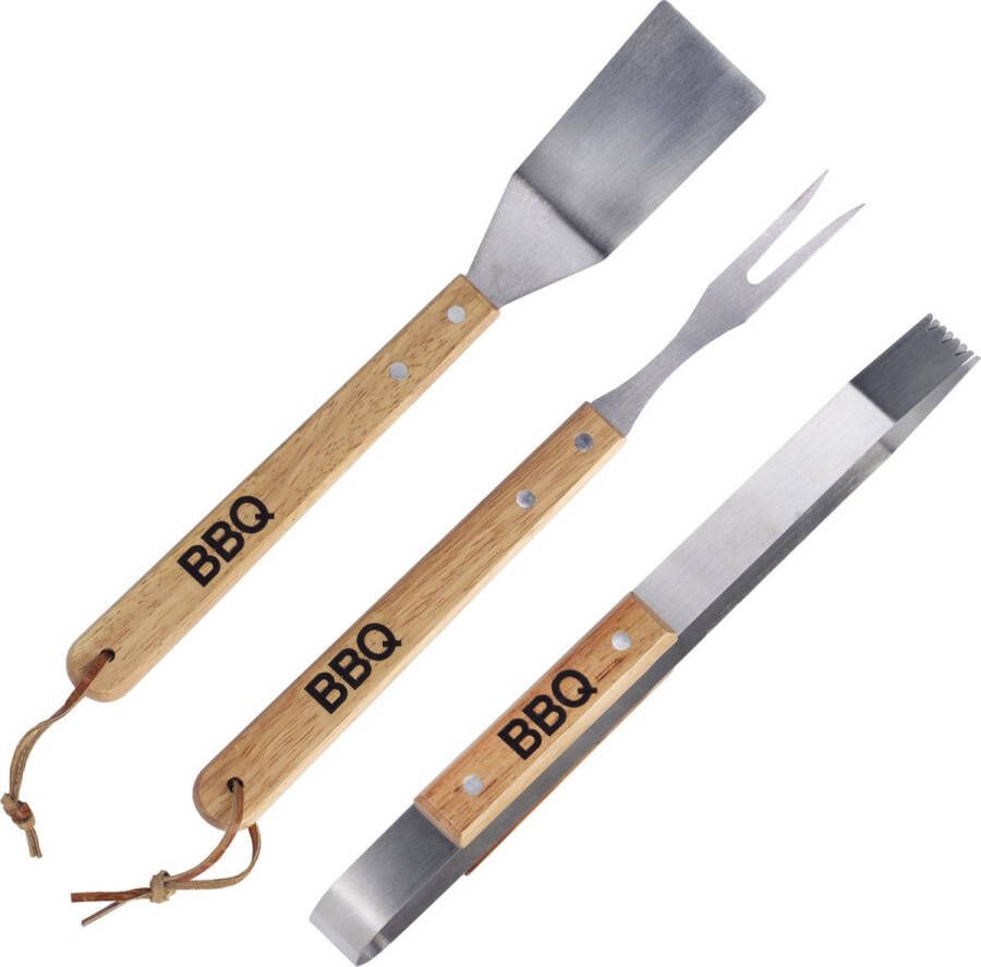 Merkloos Sans marque Luxe barbecue gereedschap accessoires set RVS met houten handgrepen 3-delig BBQ spatel vleesvork tang