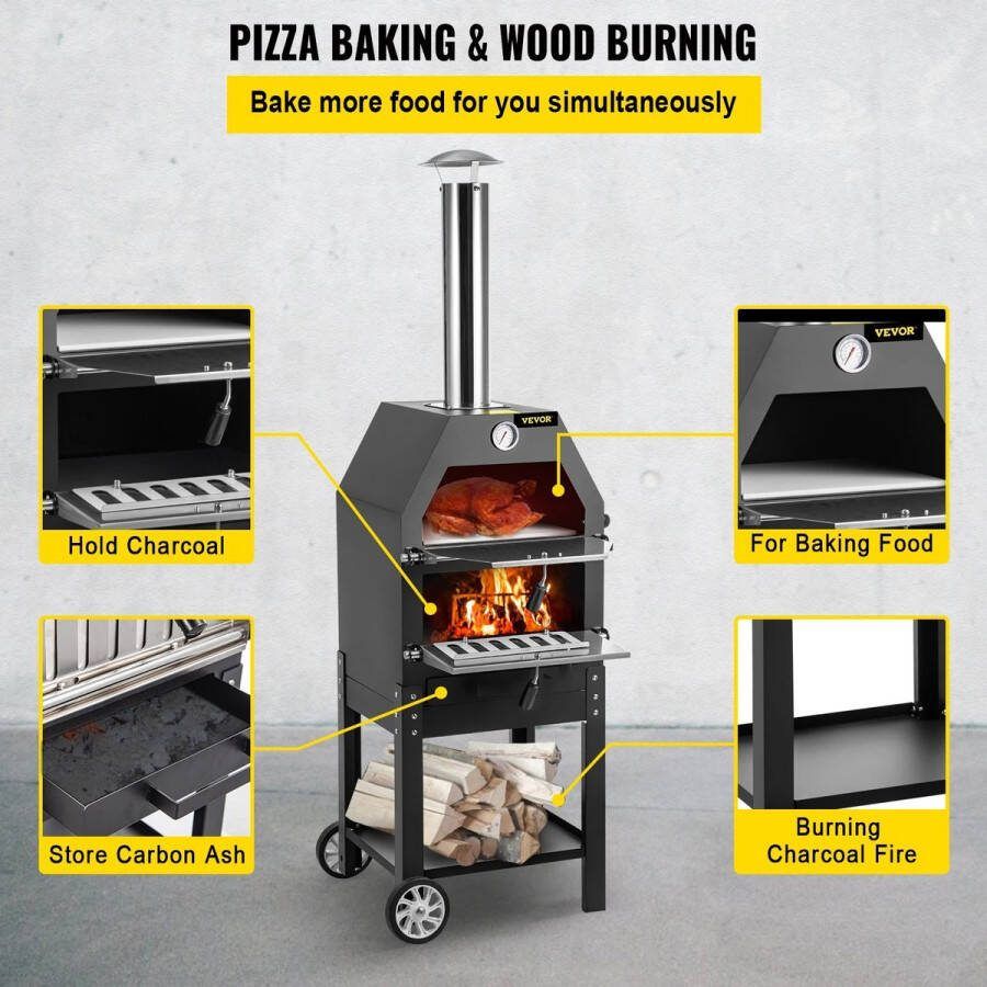 Luxe BBQ Pizza oven 2-in-1 Houtoven Pizzasteen Houtskool BBQ 45.8x46.4x141.8 cm