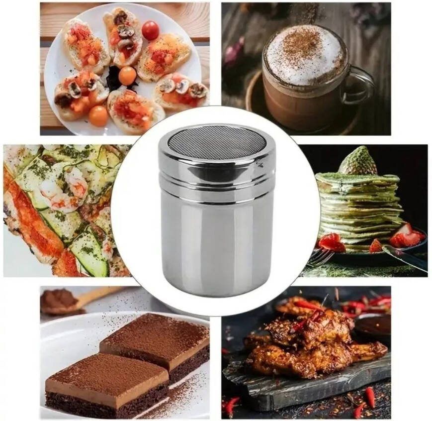 Luxe cacao strooier Cacaopoeder bus met zeef 7 x 5 cm Bloemsuiker poederstrooier suiker kaneel kruiden strooibus Cacaostrooier barista Zilver RVS