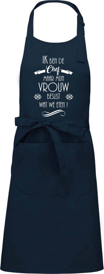 Luxe cadeauschort tekstschort Keukenschort BBQ schort verjaardag Ik ben de Chef maar vrouw beslist unisex navy blauw