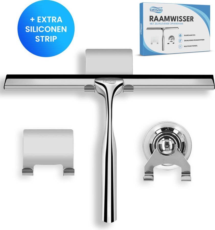 Luxe Douchewisser met Ophangsysteem Trekker Douche Raamwisser Raamtrekker RVS Extra Siliconen Strip. RVS; Zilver