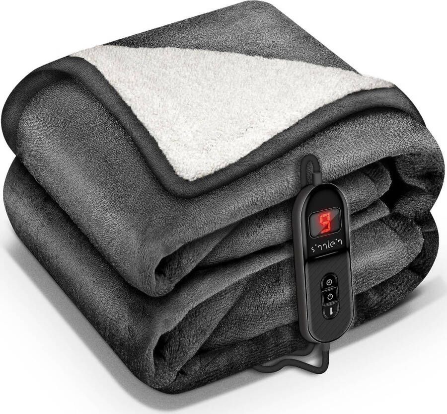 Luxe Elektrische deken met automatische uitschakeling 180 x 130 cm (kleur: Antraciet) TÜV SÜD GS-getest elektrische warmtedeken met 9 temperatuurniveaus knuffeldeken wasbaar bed bank Luxe en duurzame elektrische deken