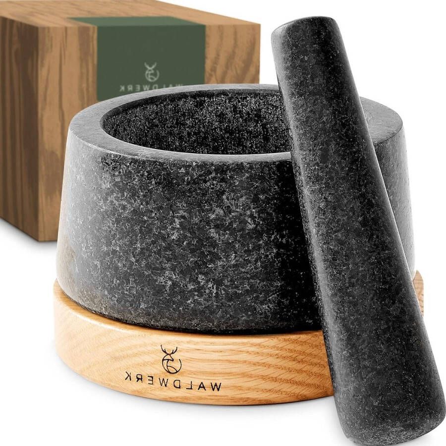 Luxe en stabiele eikenhouten basis Vijzel met extra lange stamper van natuurlijk graniet