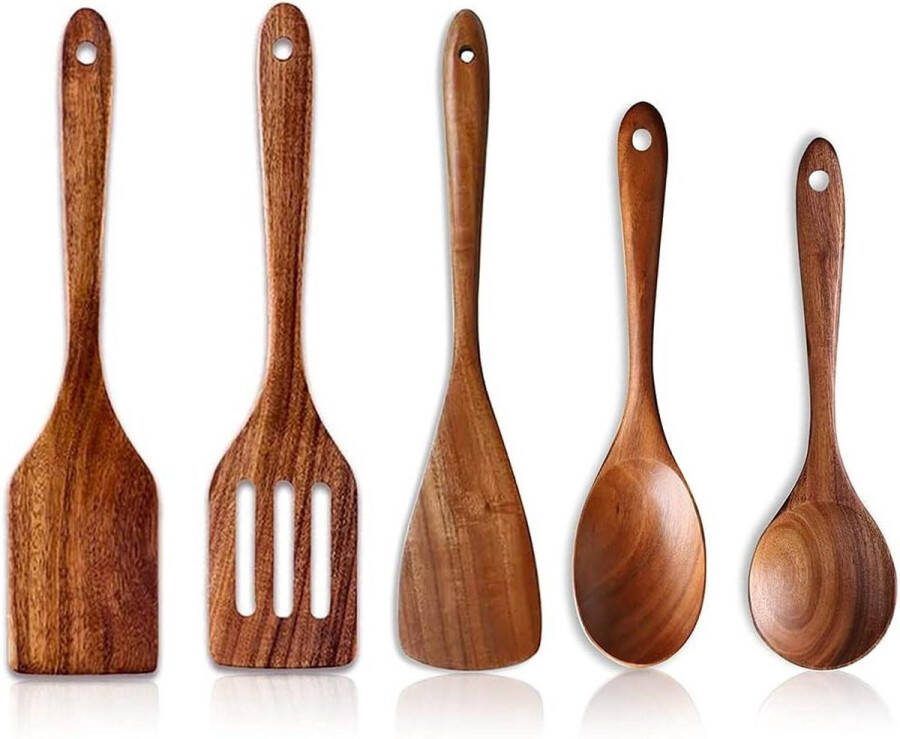 Luxe Houten Keukengerei Set 5 Stuks Spatel Lepels Kooklepel & Menglepel Bestendigheid